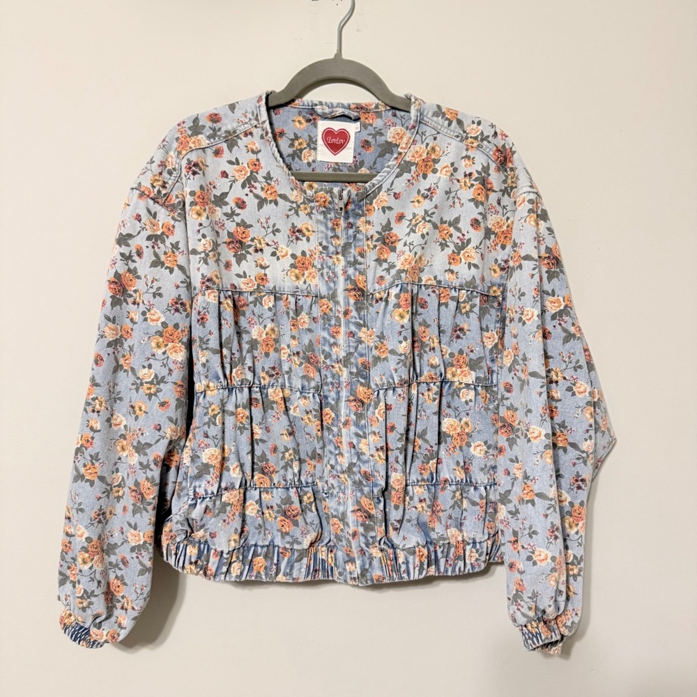 LovLov Floral Denim Jacket Blue Orange Rose Print Boho Zip Up Boutique Large
